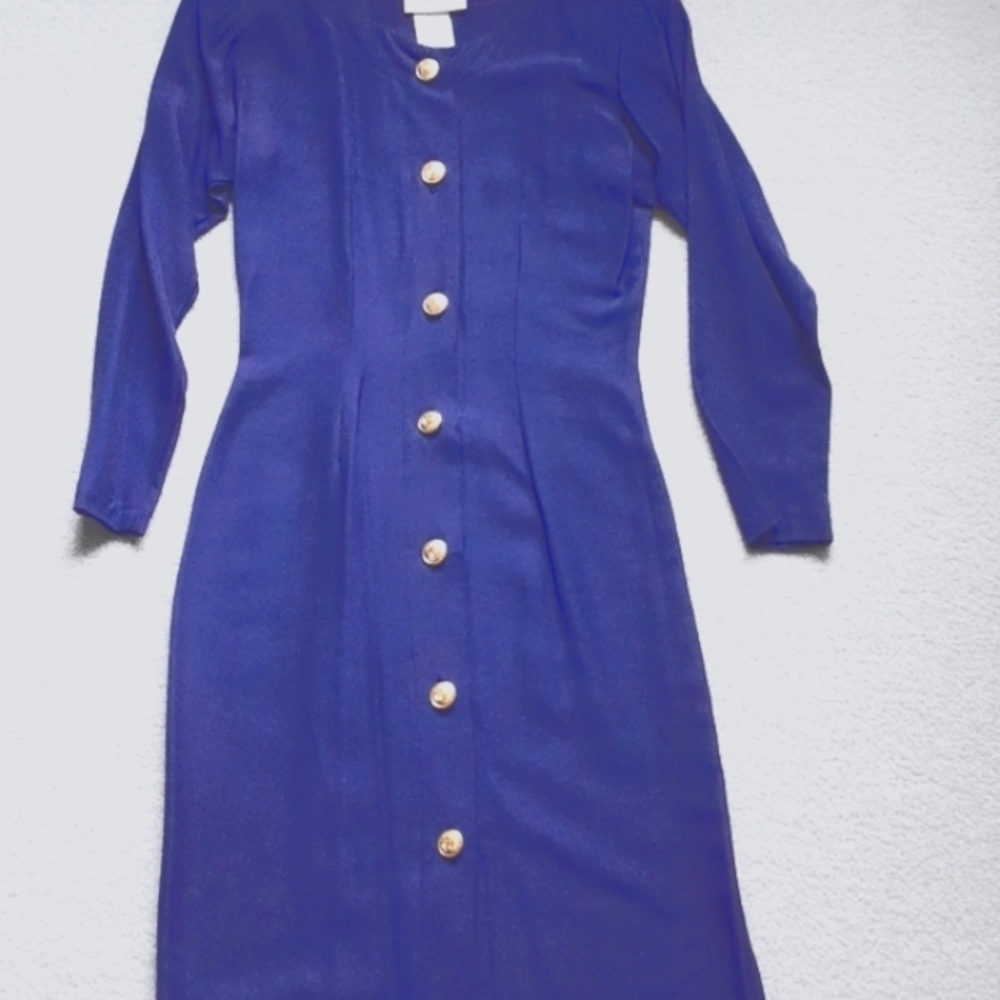 Vintage scoop neck dress with gold buttons down the front, long-sleeve